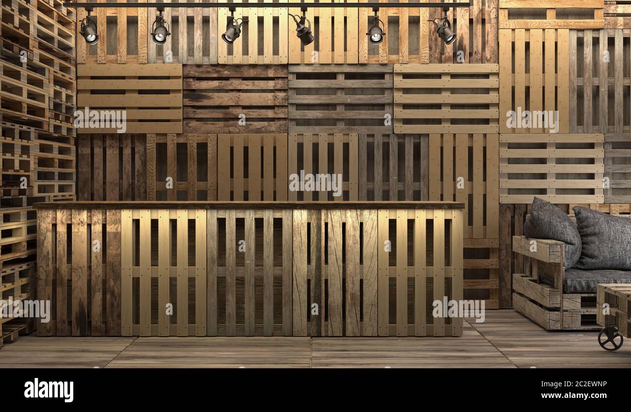 Pallets in legno dal design creativo. Hall con reception in europallets. Rendering 3D con spazio di copia. Foto Stock
