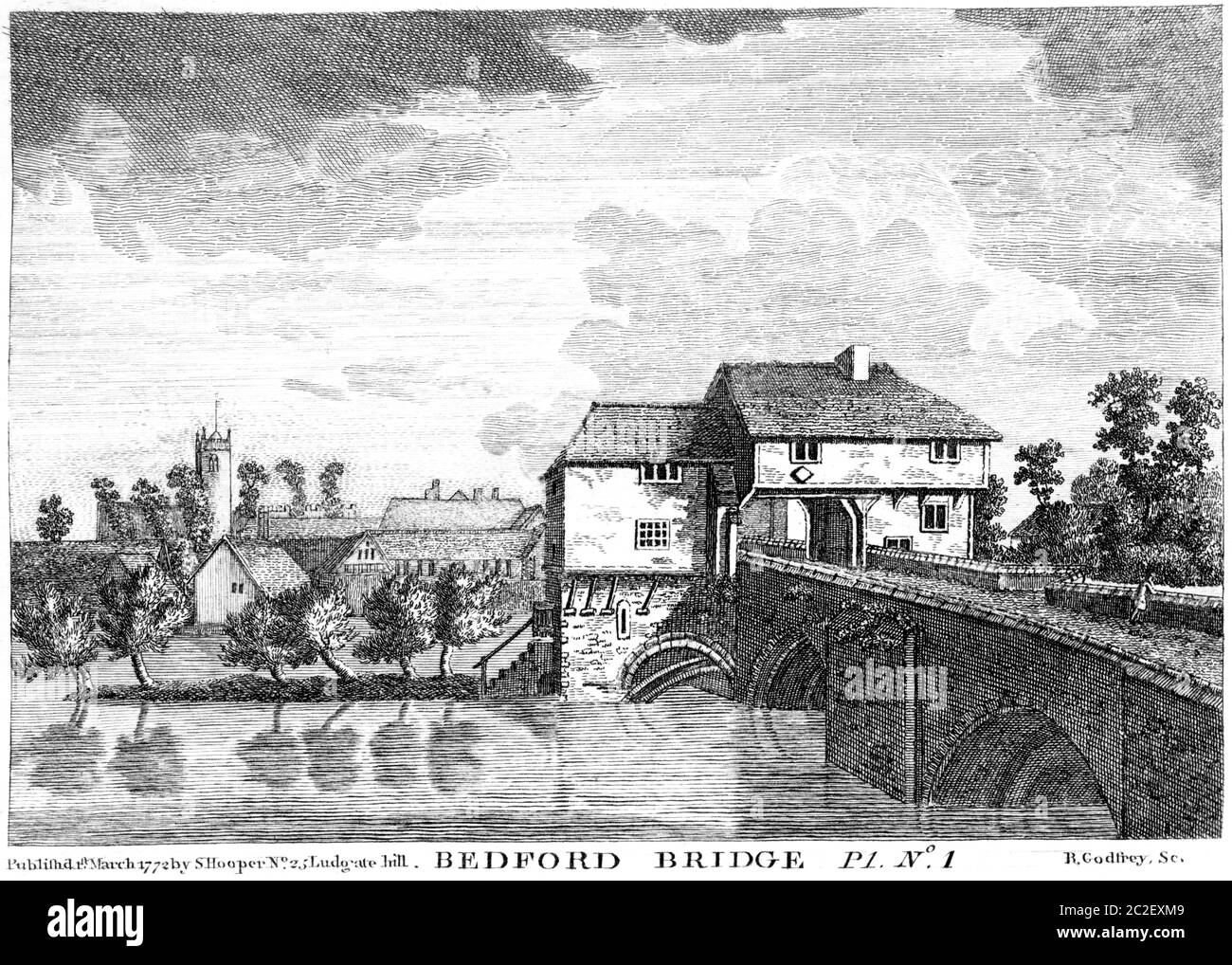 Un'incisione di Bedford Bridge 1 marzo 1772 è stata scansionata ad alta risoluzione da un libro pubblicato negli anni Settanta del 1770. Creduto esente da copyright. Foto Stock