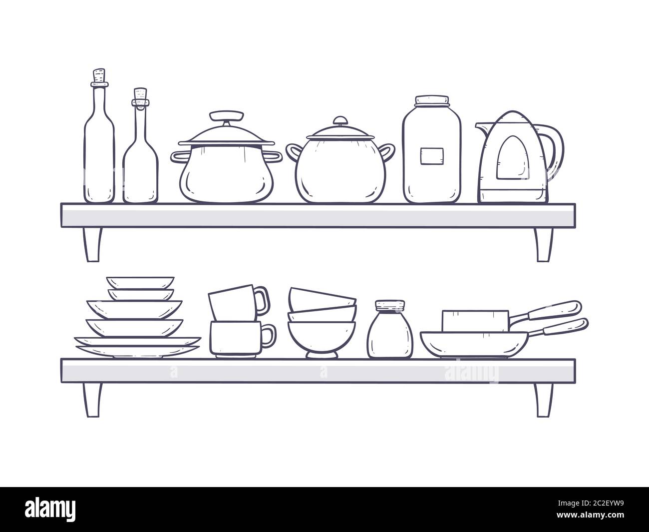Forniture per cucina su ripiani. Due ripiani con piatti, bottiglie, padelle, pentole, tazze e altri utensili da cucina. Illustrazione vettoriale disegnata a mano isolata su WI Illustrazione Vettoriale