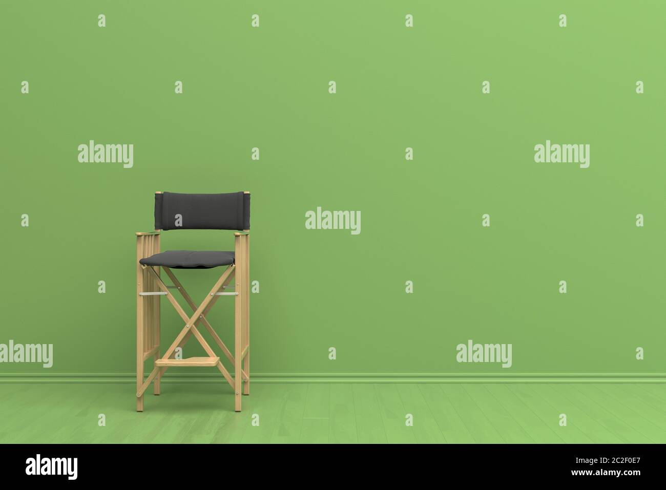 Sedia Director in interni in colore verde monocromatico con pavimento in parquet. Sfondo verde con spazio per la copia. Schermo verde con parete vuota. 3D ren Foto Stock
