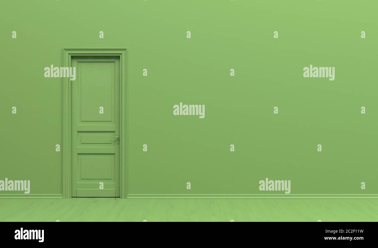 L'interno della stanza in colore bianco e nero con una porta singola. Sfondo verde con spazio per la copia. Illustrazione del rendering 3D. Foto Stock