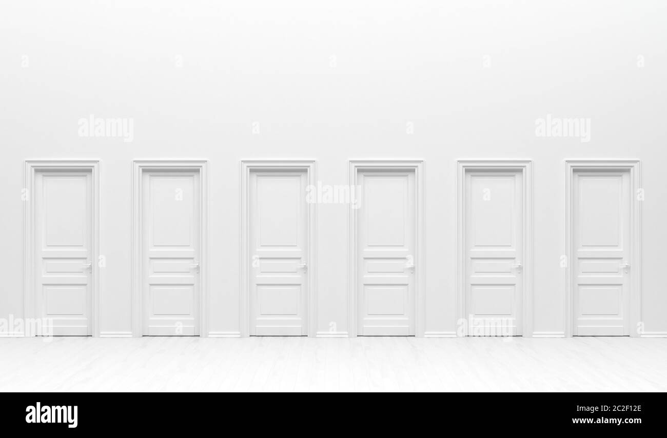 L'interno della stanza in bianco bianco bianco bianco bianco bianco bianco bianco bianco bianco bianco bianco chiaro con molte porte monotone. Sfondo bianco con spazio per la copia. Illustrazione del rendering 3D. Foto Stock