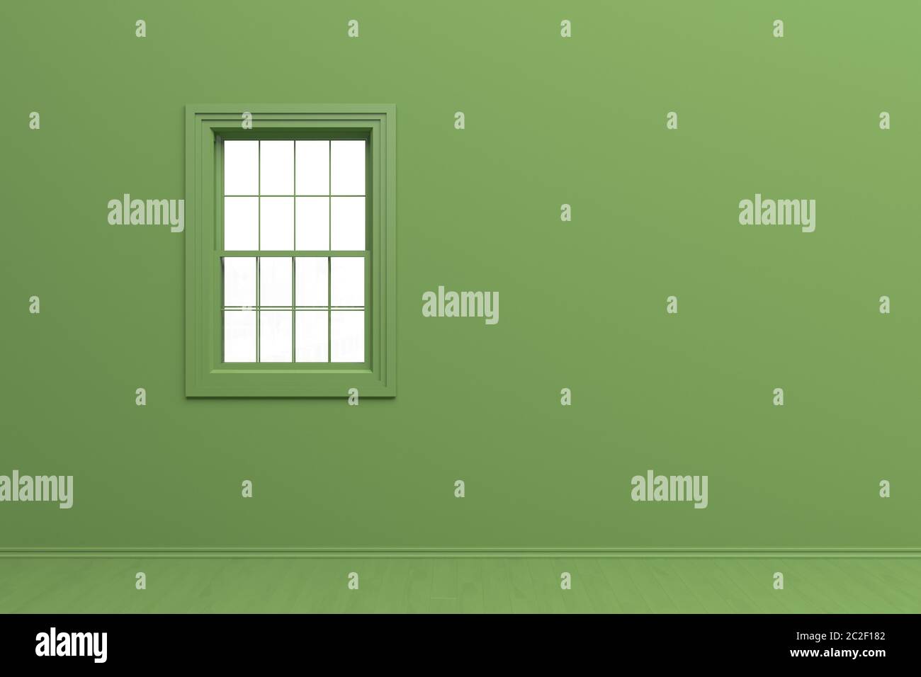 L'interno della stanza in colore bianco e nero con finestra singola. Sfondo verde con spazio per la copia. Illustrazione del rendering 3D Foto Stock