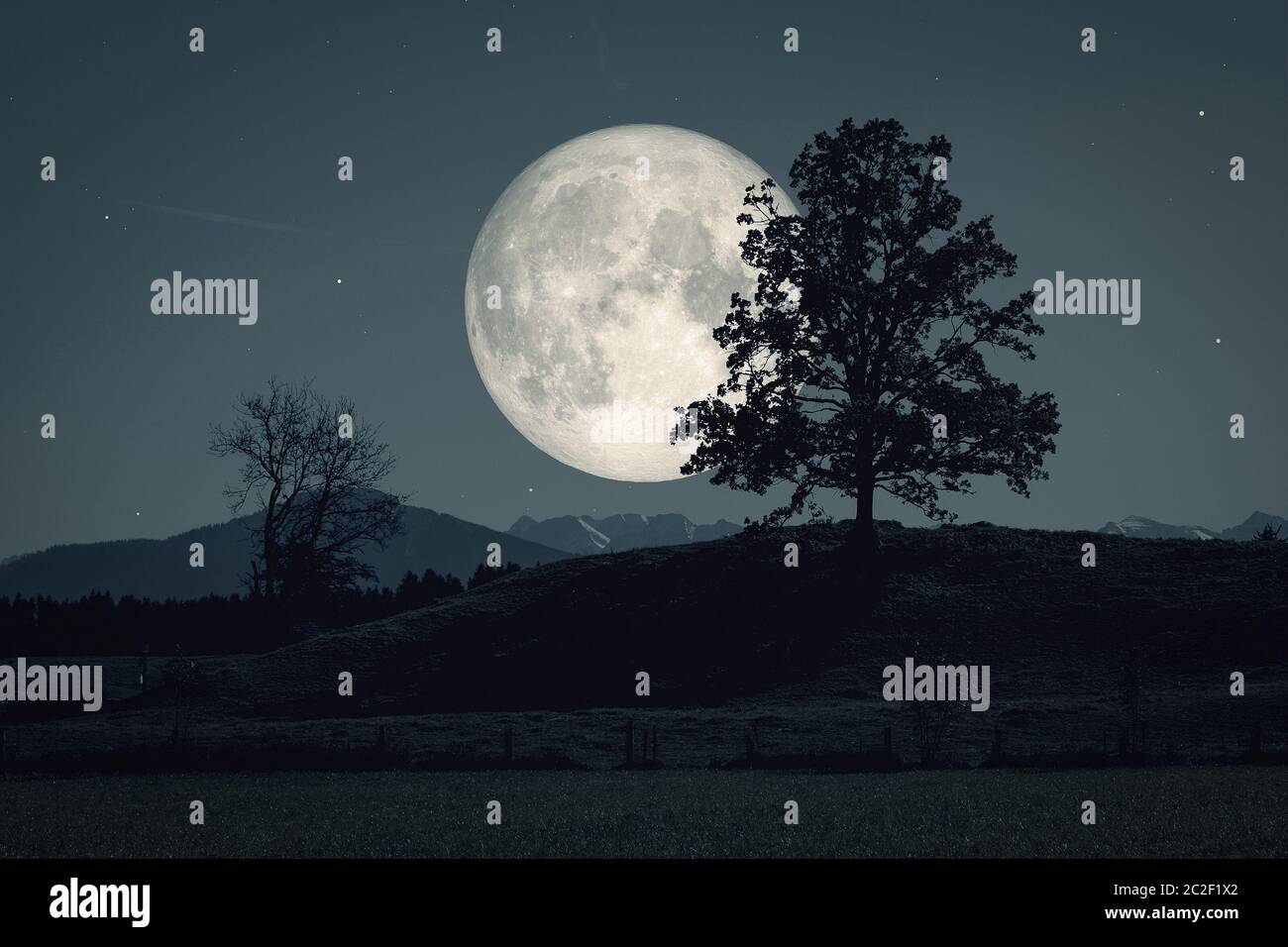 luna e stelle su paesaggi bui Foto Stock