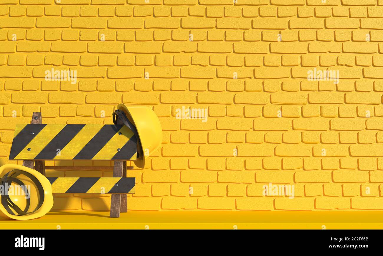 Il casco giallo e il cartello stradale sono sullo sfondo di una parete di mattoni gialli. Illustrazione monocromatica con spazio per la copia. Rendering 3D Foto Stock