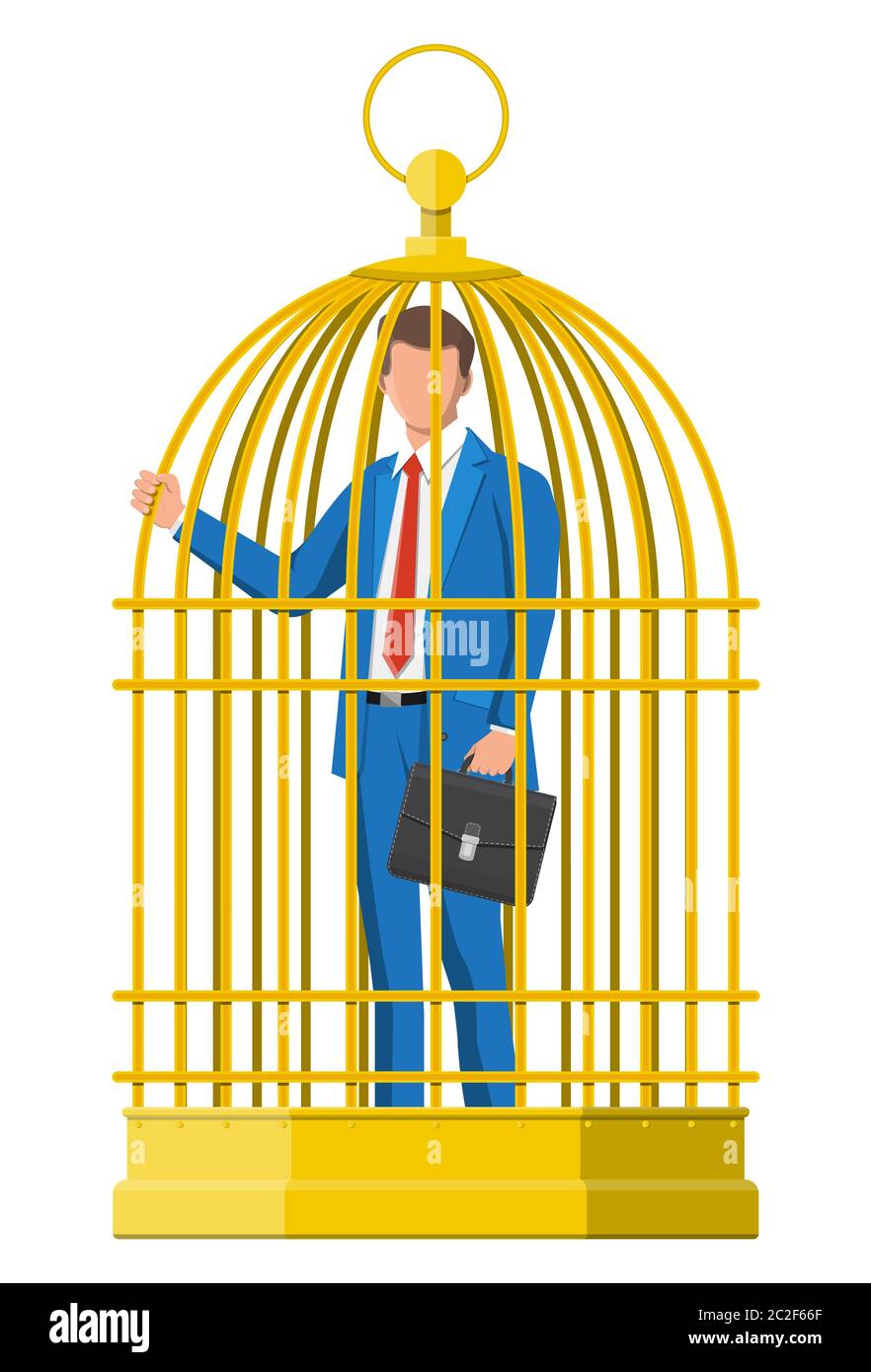 Uomo d'affari bloccato in gabbia di uccelli. Uomo d'affari in gabbia dorata. Sentirsi intrappolati sul lavoro. Concetto di essere ricco ma non libero e lavoro eccessivo. Illustrazione vettoriale piatta Illustrazione Vettoriale
