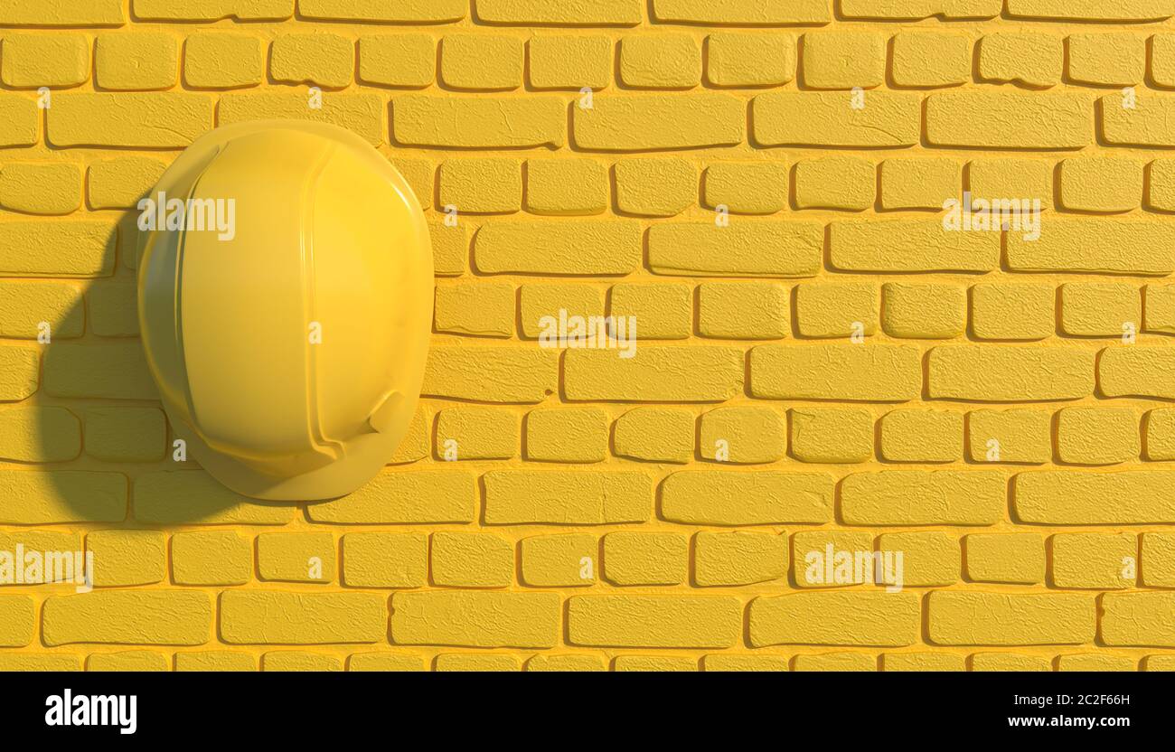 Casco giallo di costruzione su sfondo di una parete di mattoni gialli. Illustrazione monocromatica con spazio per la copia. Uniforme da lavoro per costruttori. Rendering 3D Foto Stock