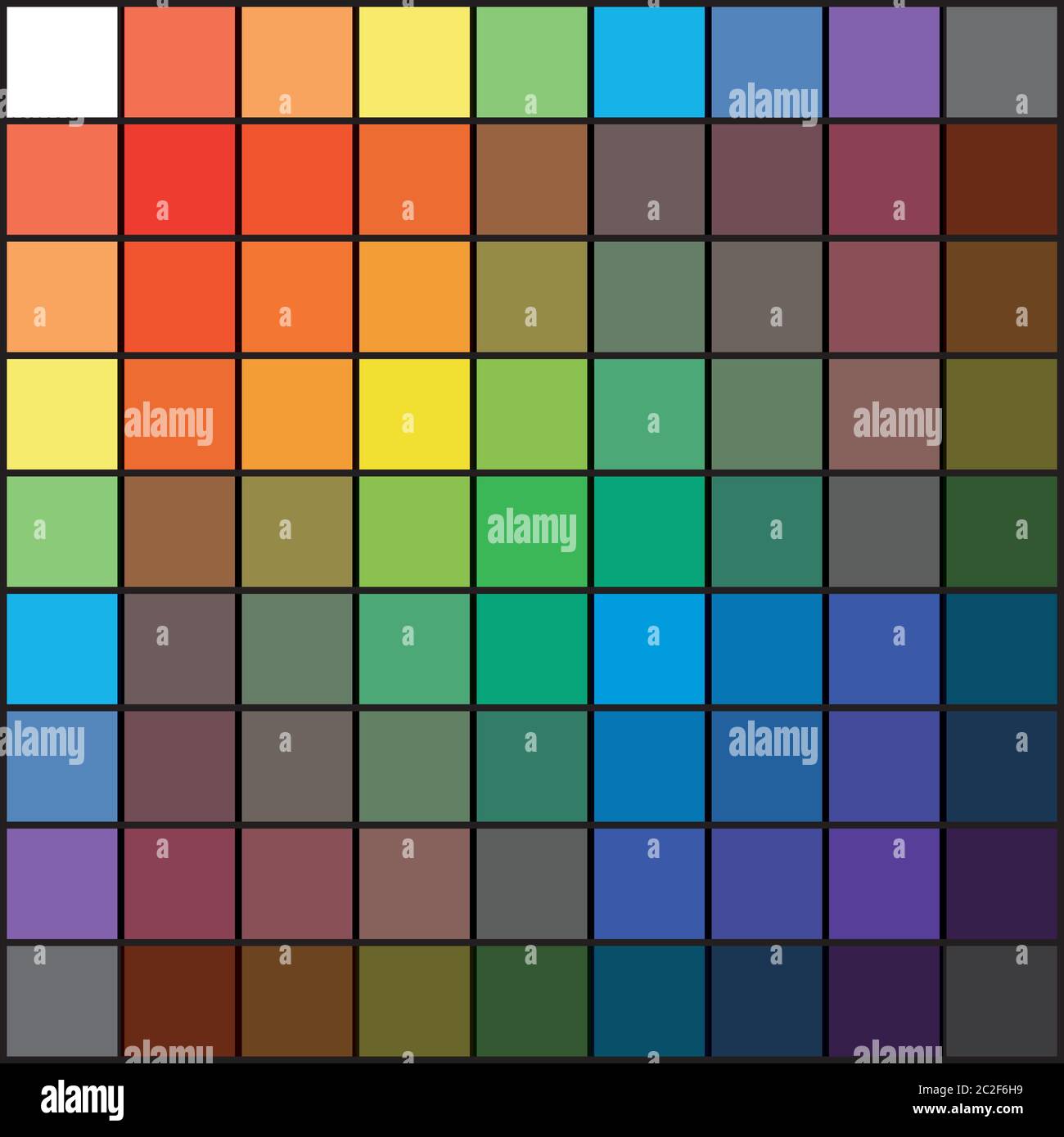 Griglia Rainbow spettrale policromo multicolore di 9 x 9 segmenti. La tavolozza armonica spettrale colorata del pittore. Foto Stock
