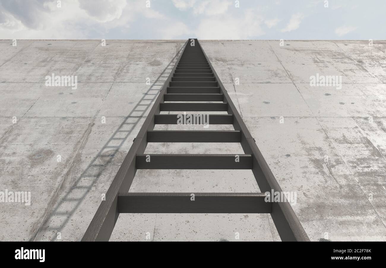 Una scala a gradini che si trova contro un alto muro di cemento. Vista dal basso verso l'alto. Illustrazione concettuale creativa con spazio di copia. Rendering 3D Foto Stock
