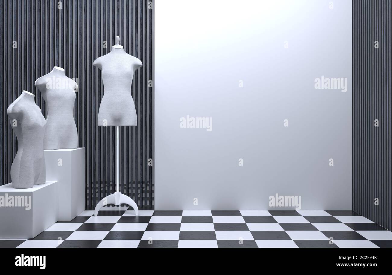 Interno di un laboratorio di cucito o negozio di abbigliamento con un manichino su misura. Vetrina a parete bianca con spazio per la copia. La camera di un monolocale alla moda per pre Foto Stock