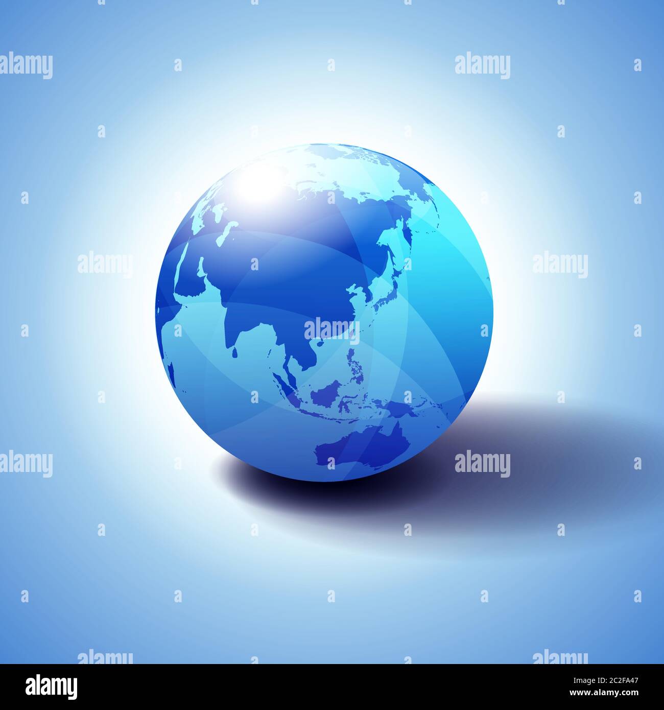 Cina Corea Giappone Pacifico, sfondo con l'icona Globe illustrazione 3D, sfera lucida e lucida con la mappa globale in blu sottile per una sensazione di trasparenza. Illustrazione Vettoriale