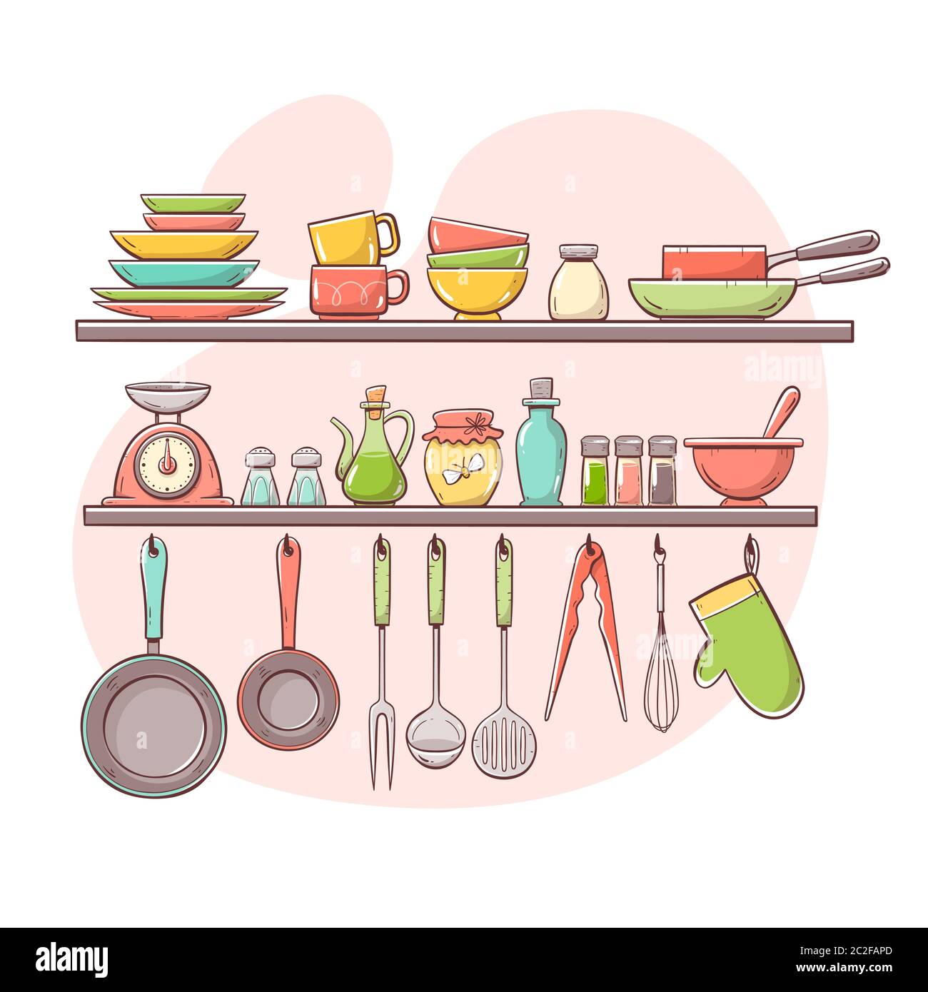 Forniture per cucina su ripiani. Due ripiani e appendiabiti con piatti, ciotole, bottiglie, padelle e altri cucinini. Illustrazione vettoriale disegnata a mano isolata Illustrazione Vettoriale