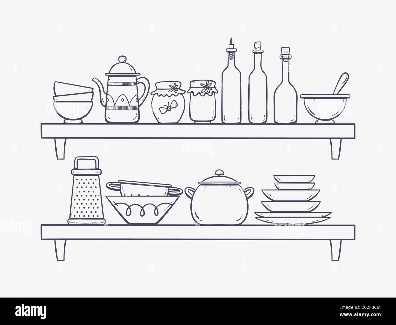 Forniture per cucina su ripiani. Due ripiani con piatti, bottiglie, teiera, ciotole e altri cucinotti. Illustrazione vettoriale disegnata a mano isolata in bianco Illustrazione Vettoriale