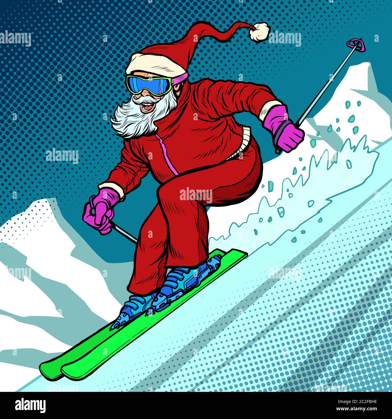 Sciatore sera scorre giù per la montagna. Santa Claus carattere buon Natale e felice anno nuovo. La Pop art retrò illustrazione vettoriale vintage kitsch disegnare Foto Stock