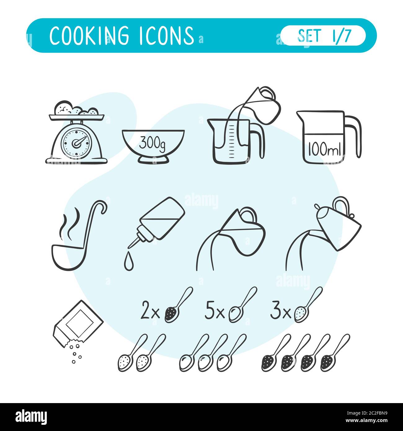 Set di icone delle istruzioni di cottura. Molto utile per spiegare le ricette di cottura. Stile Doodle. Prima parte di sette immagini raccolta completa. Illustrazione Vettoriale