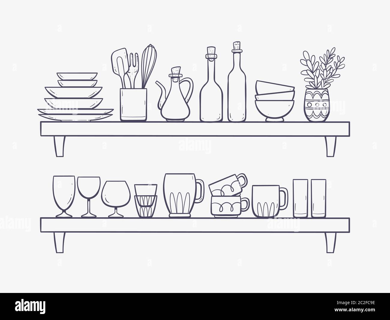 Forniture per cucina su ripiani. Due ripiani con ciotole, bottiglie, un'aroccia, bicchieri, tazze e altri prodotti da cucina. Illustrazione vettoriale disegnata a mano isolata Illustrazione Vettoriale