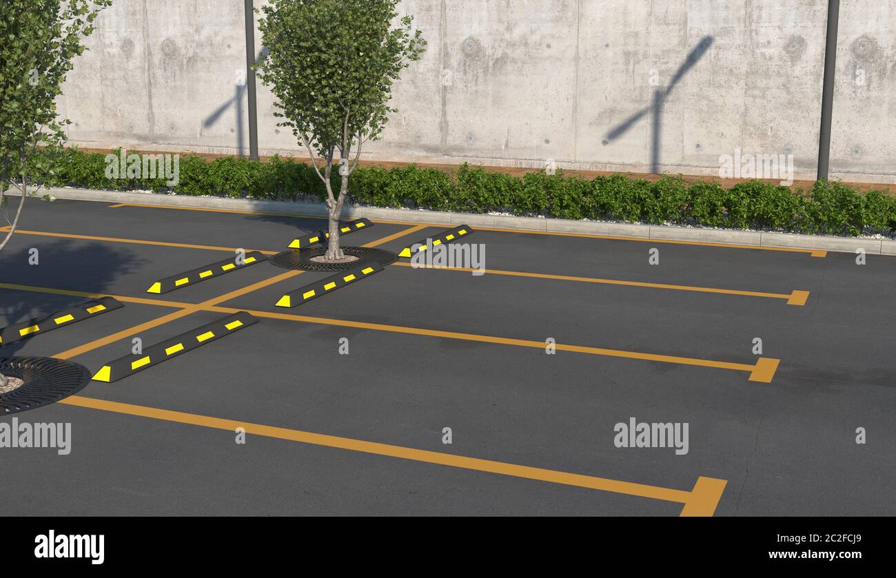 Parcheggio auto vuoto senza auto. Posti auto, marciapiede per pedoni con letto a fiori. Rendering 3D. Foto Stock