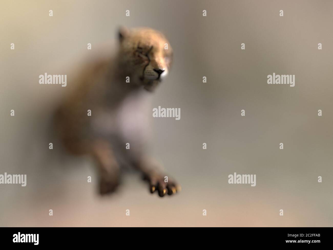 Silhouette sfocata di una ghepardo in esecuzione in un salto con messa a fuoco in primo piano e sfondo sfocato. Illustrazione creativa con spazio per la copia. Rendering 3D Foto Stock