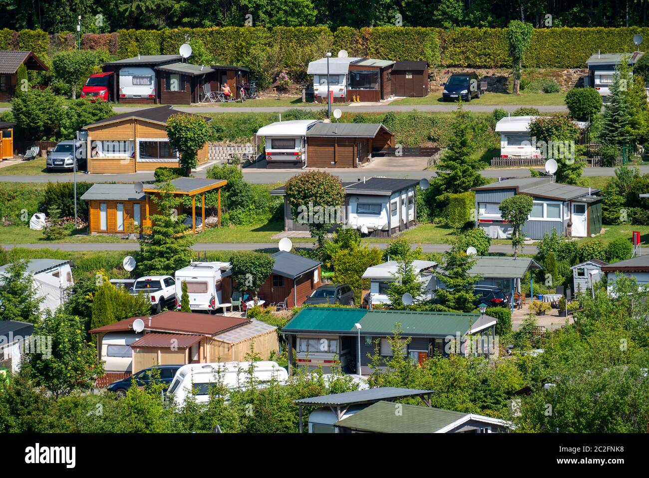 Camping Ground Winterberg, al Bikepark, sul Kappe Berg, molti campeggiatori permanenti, NRW, Germania, Foto Stock