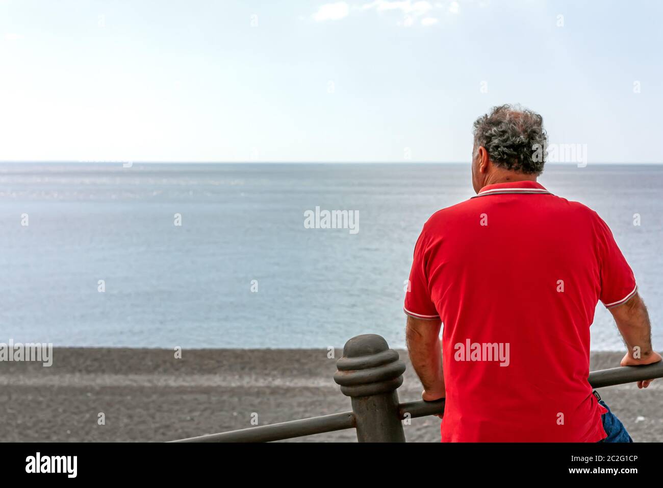 Lato posteriore di uomo pensieroso in piedi sulla riva e guardando il mare calmo. Concetto di viaggio. Spazio di copia Foto Stock