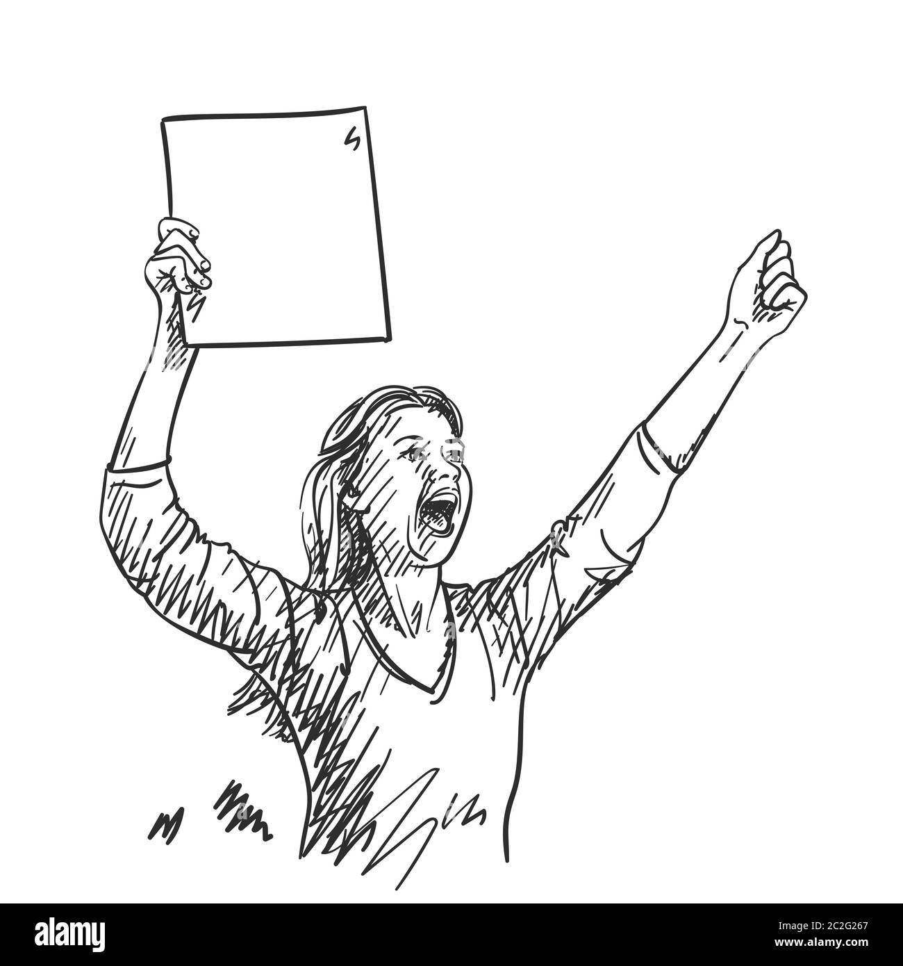 Protesta. Donna con cartello vuoto sta urlando e mostrando pugno. Schizzo vettoriale, illustrazione disegnata a mano Illustrazione Vettoriale