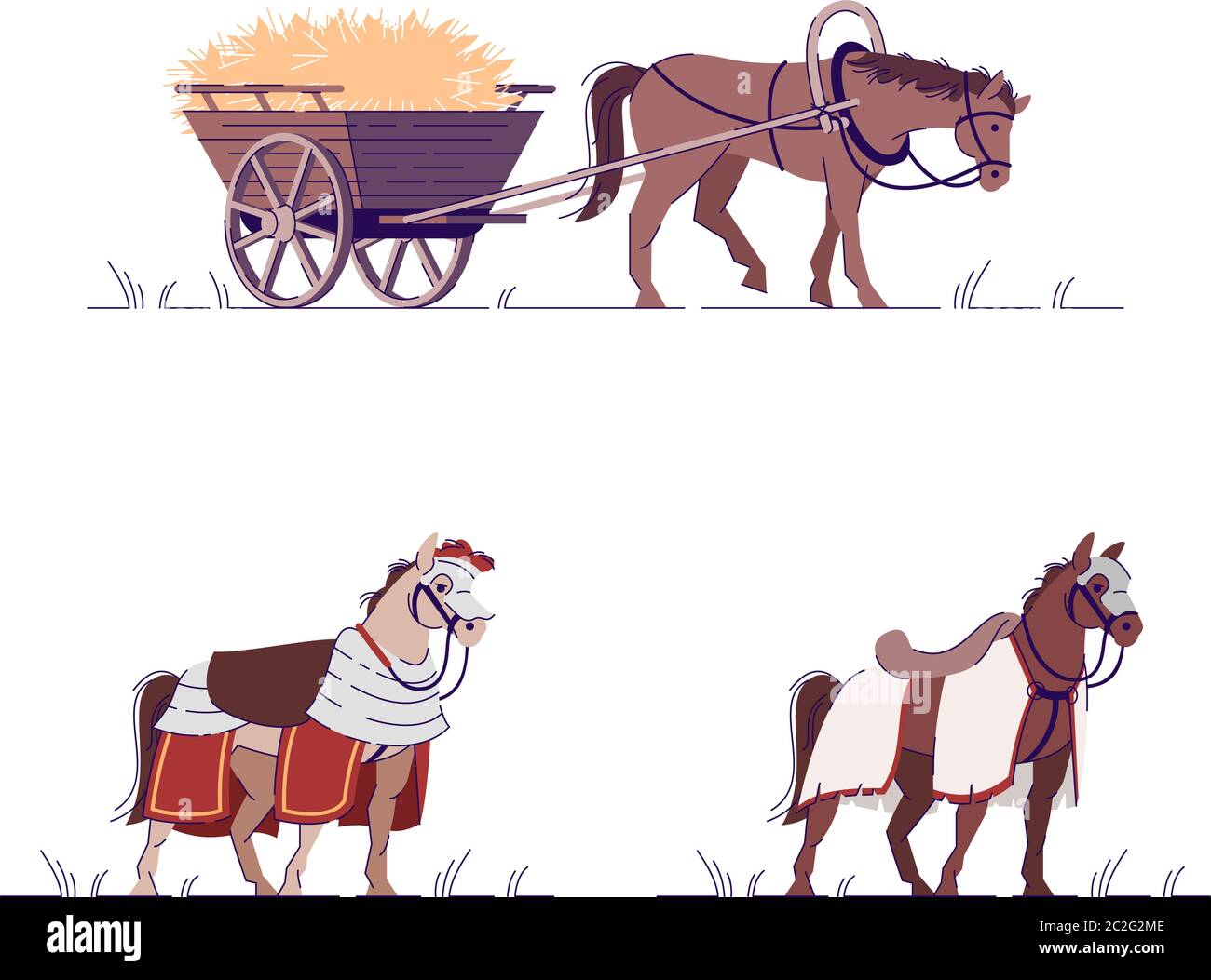 Set di illustrazioni vettoriali a colori RGB semi-piatto per bestiame medievale Illustrazione Vettoriale