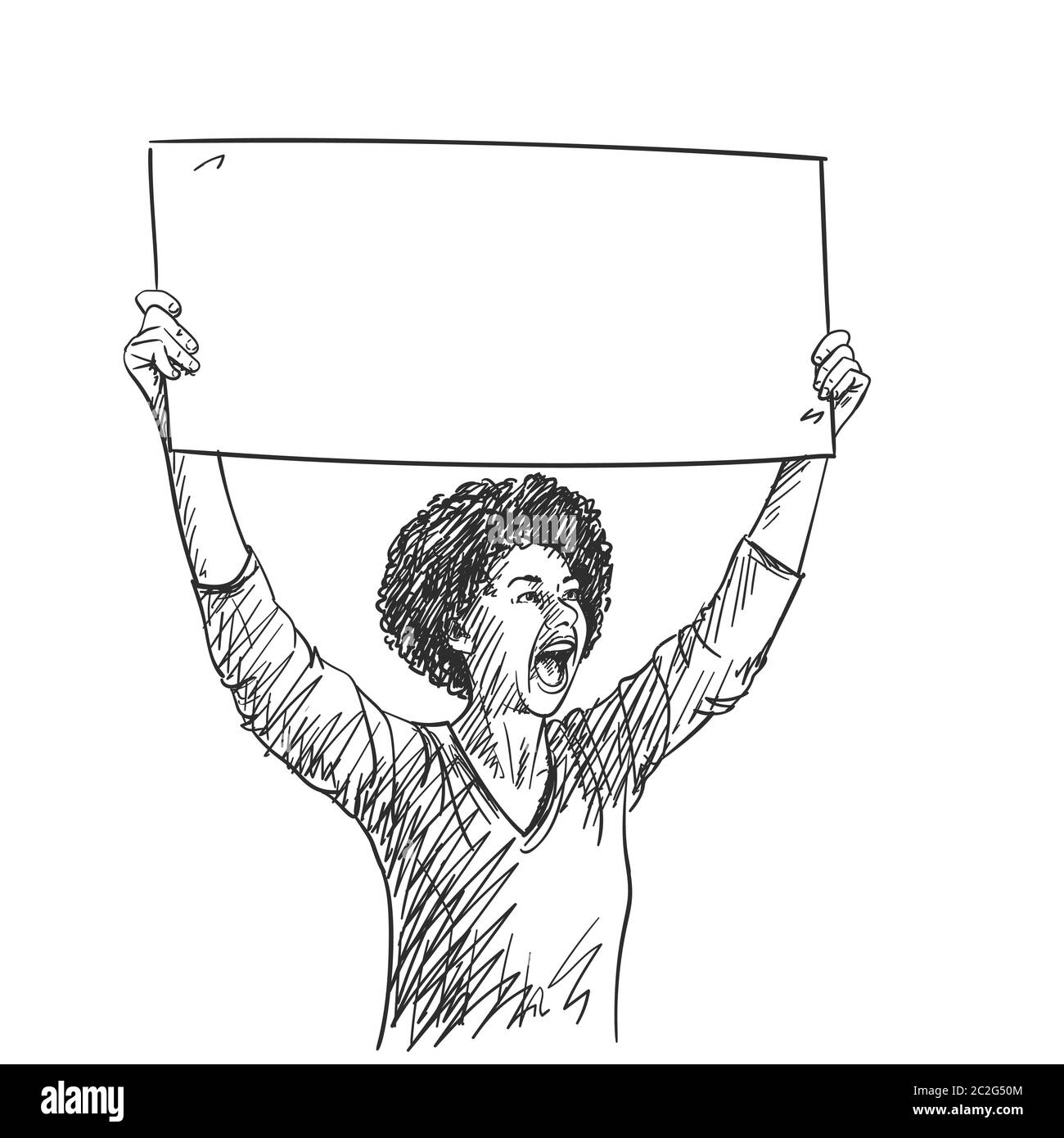 Protesta. Donna afro-americana con cartello vuoto urla durante la protesta. Schizzo vettoriale, illustrazione disegnata a mano Illustrazione Vettoriale