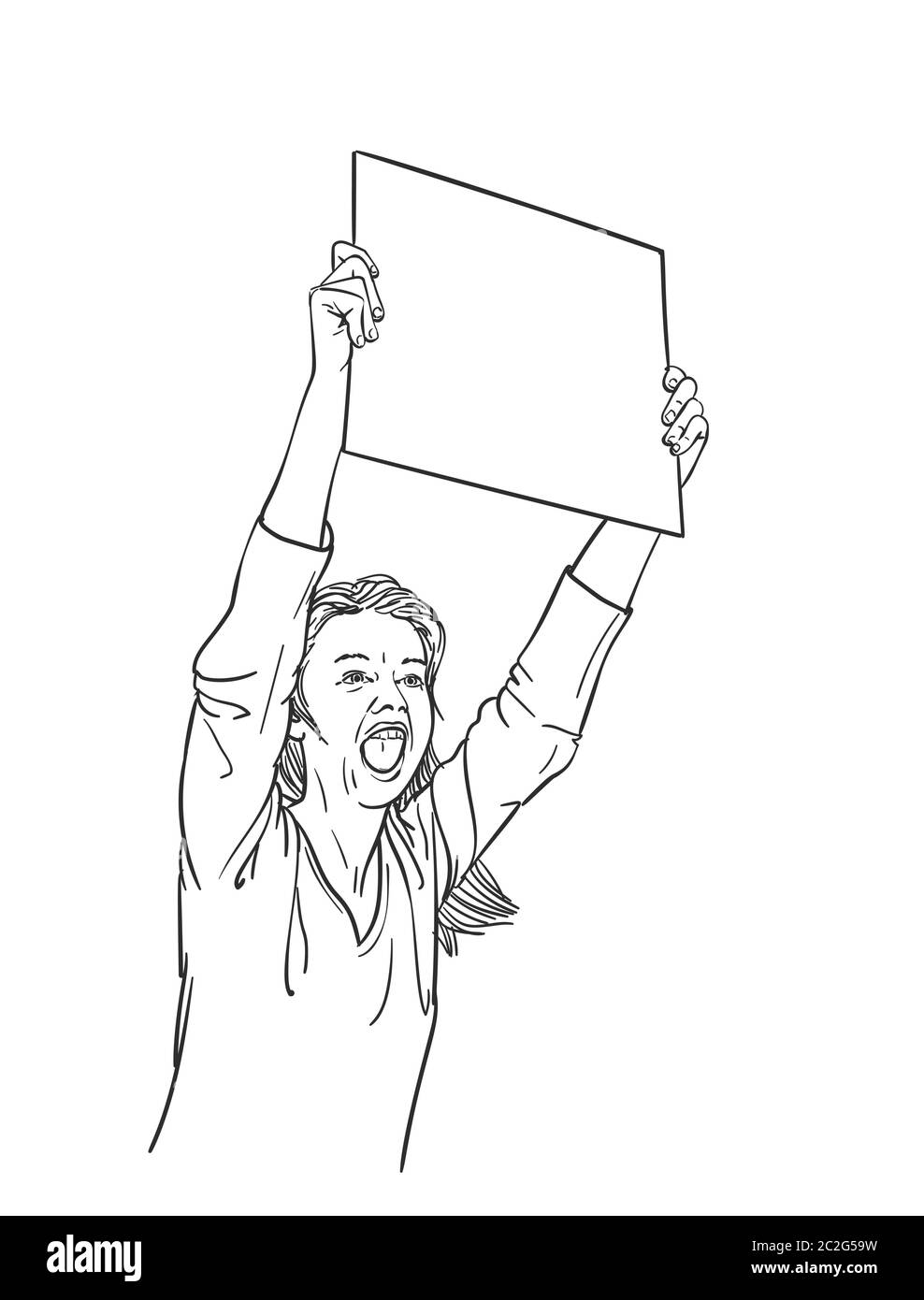 Donna con cartello bianco gridare durante la protesta. Schizzo vettoriale, illustrazione lineare disegnata a mano Illustrazione Vettoriale
