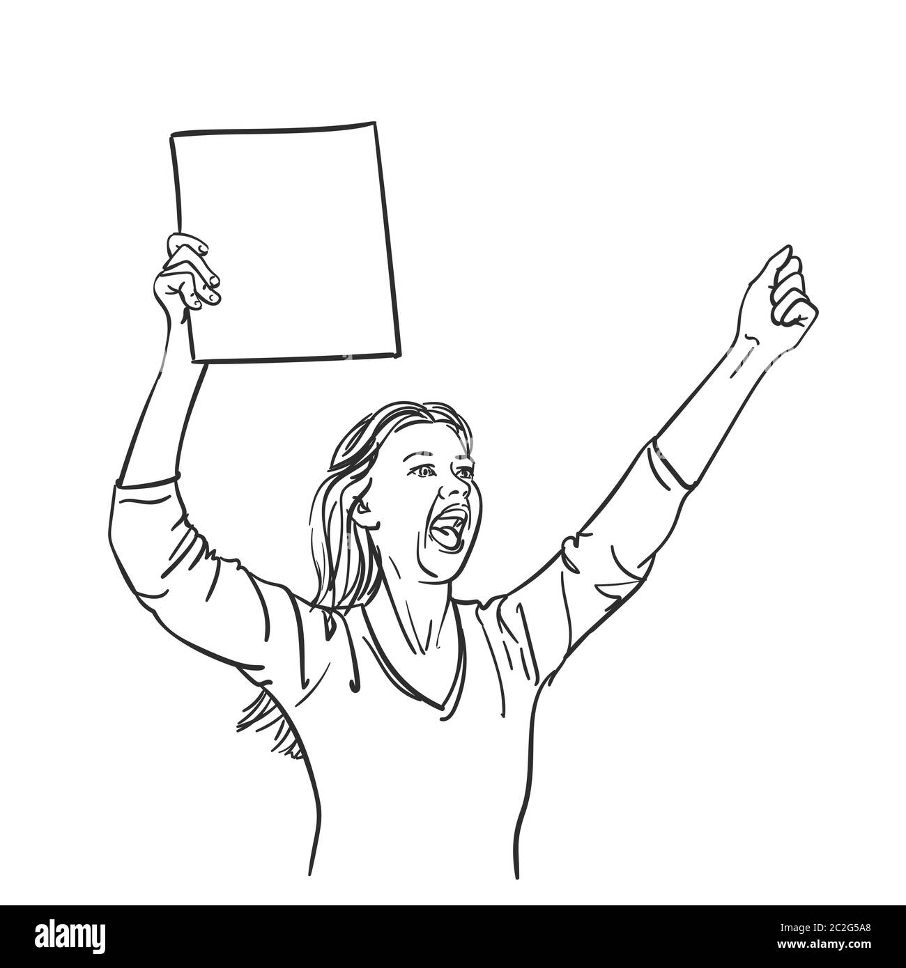 Protesta. Donna con cartello vuoto sta urlando e mostrando pugno. Schizzo vettoriale, illustrazione grafica con linea disegnata a mano Illustrazione Vettoriale