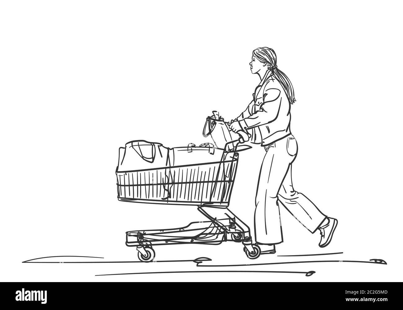 Donna con carrello supermercato a piedi dopo lo shopping, disegno vettoriale, illustrazione disegnata a mano Illustrazione Vettoriale