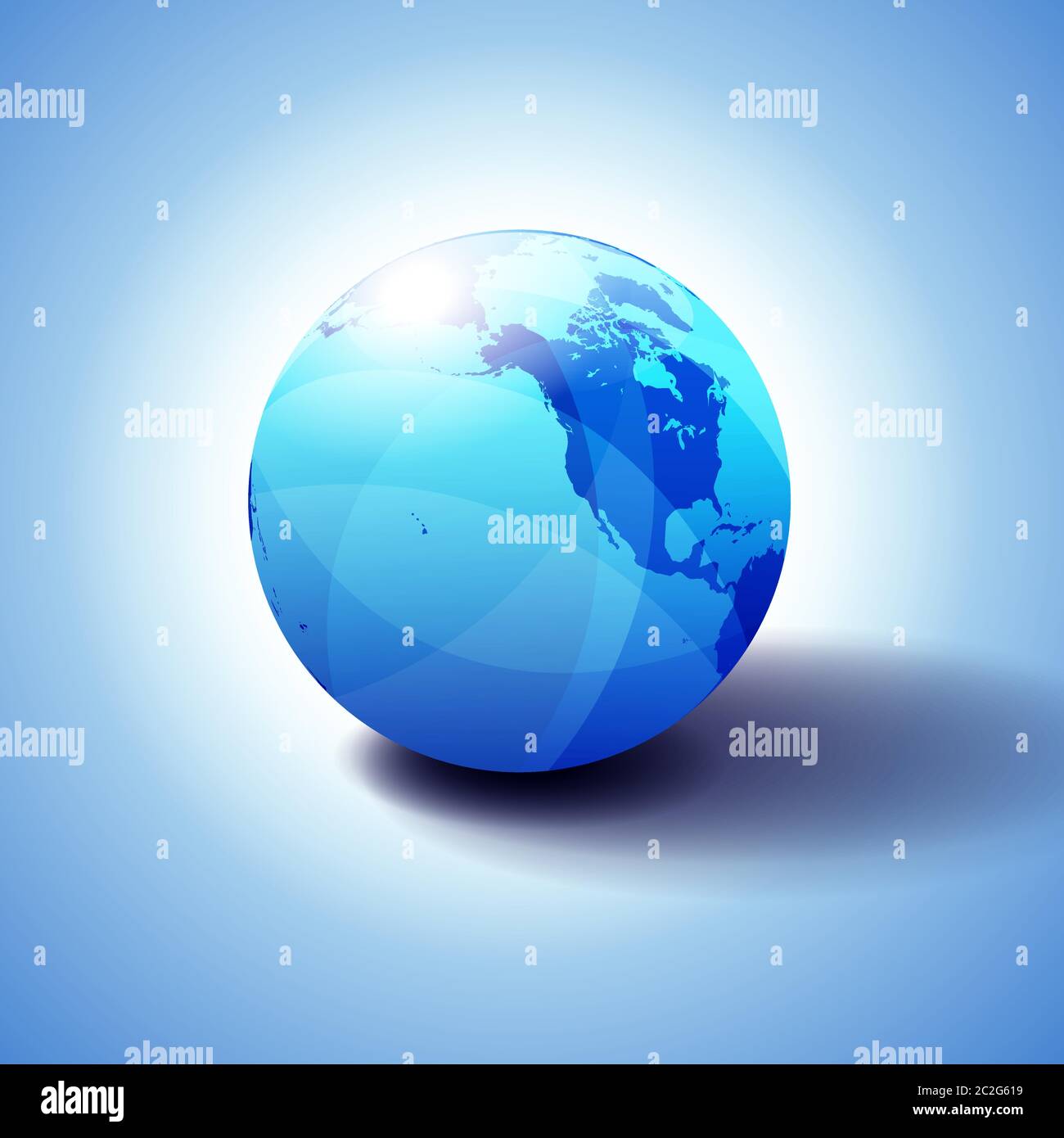 Nord America, Canada, Siberia e Hawaii sfondo con icona Globe illustrazione 3D, lucida, sfera lucida con mappa globale in blu sottile Illustrazione Vettoriale