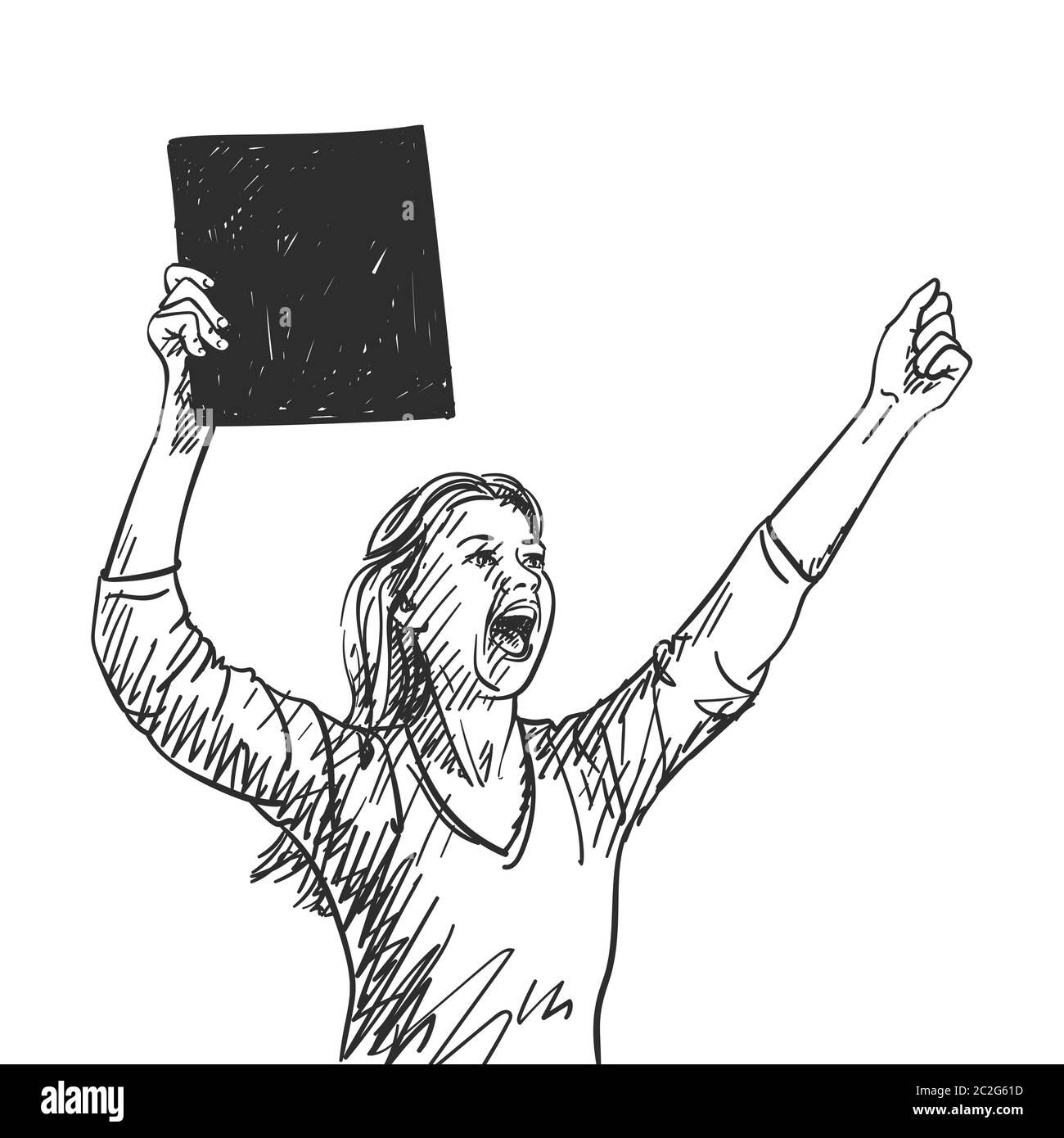 Donna con bandiera nera quadrata sta urlando e mostrando pugno durante la protesta. Schizzo vettoriale, illustrazione disegnata a mano Illustrazione Vettoriale