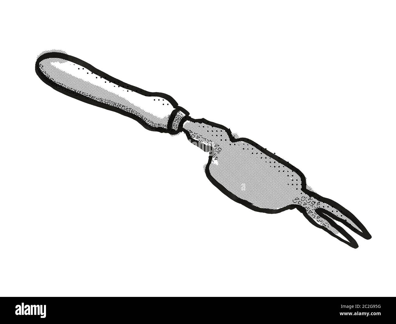 Rétro in stile cartoon di disegno di un infestante Popper o mano weeder , un giardino o un utensile da giardinaggio attrezzature isolato su sfondo bianco fatto in nero e di Pentecoste Foto Stock