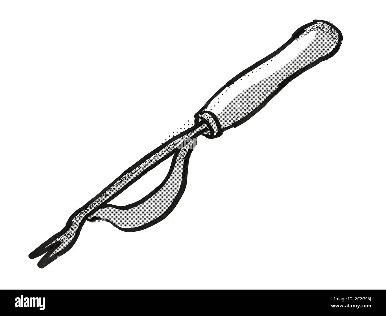 Rétro in stile cartoon il disegno di una mano weeder , un giardino o un utensile da giardinaggio attrezzature isolato su sfondo bianco fatto in bianco e nero Foto Stock