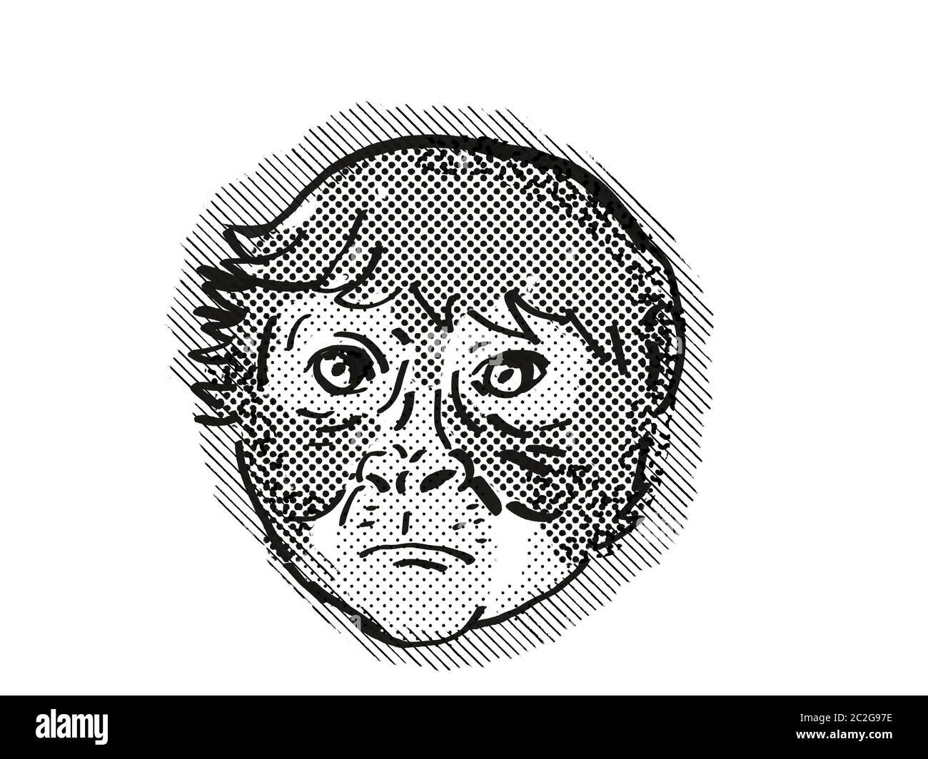 Rétro in stile cartoon testina di disegno di un ragno di scimmia, di una specie di scimmia se visto dalla parte anteriore sulla isolato sfondo bianco fatto in bianco e nero Foto Stock