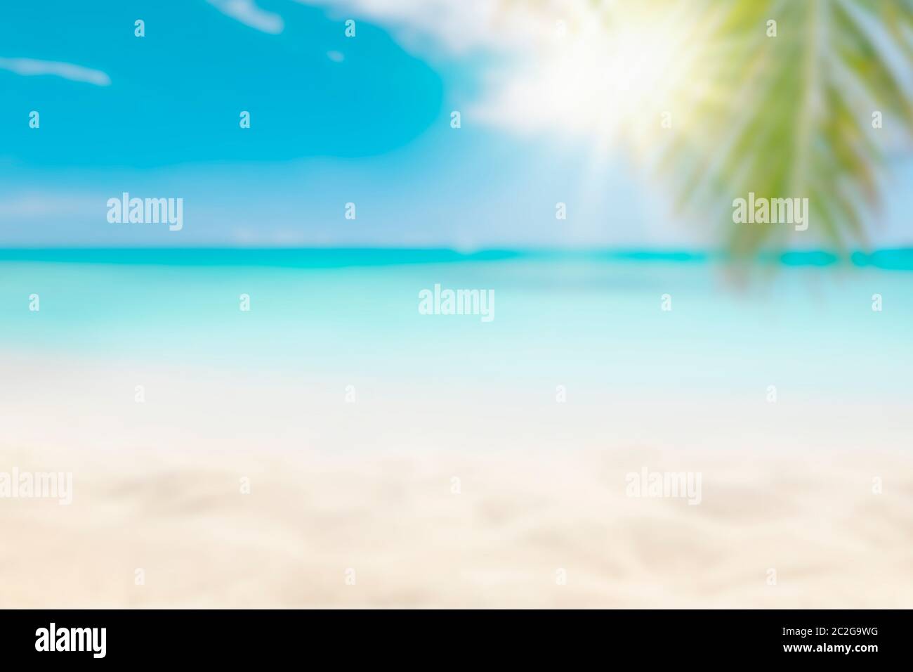 Soleggiata spiaggia tropicale dei Caraibi con palme e acque turchesi Foto Stock