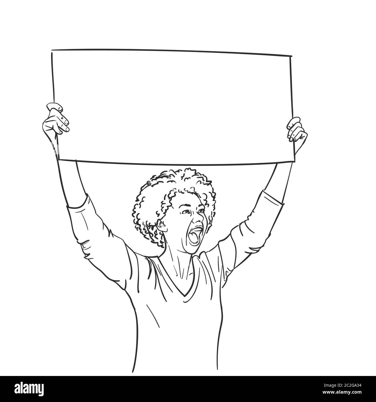 Protesta. Donna afro-americana con cartello vuoto urla durante la protesta. Schizzo vettoriale, illustrazione lineare disegnata a mano Illustrazione Vettoriale