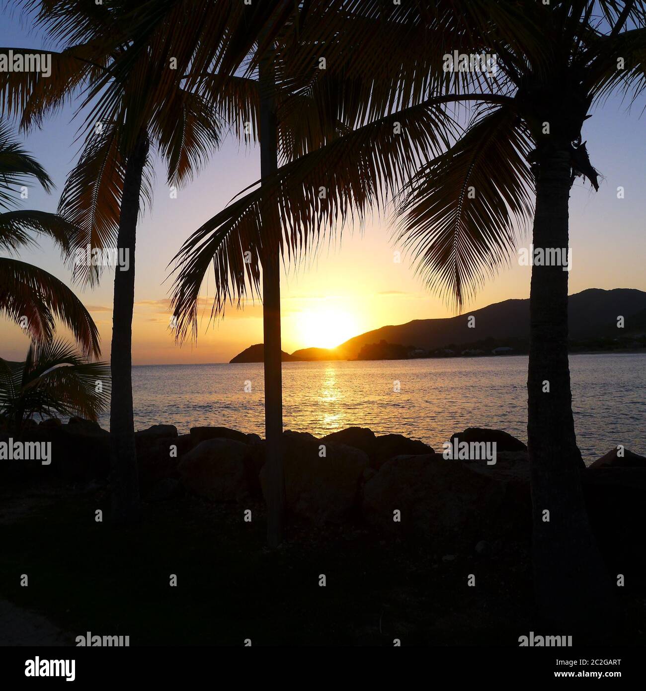 Tramonto incredibile a Curtain Bluff, Antigua, Caraibi - palme e calmo mare guardando il sole scendere nella vacanza migliore Foto Stock