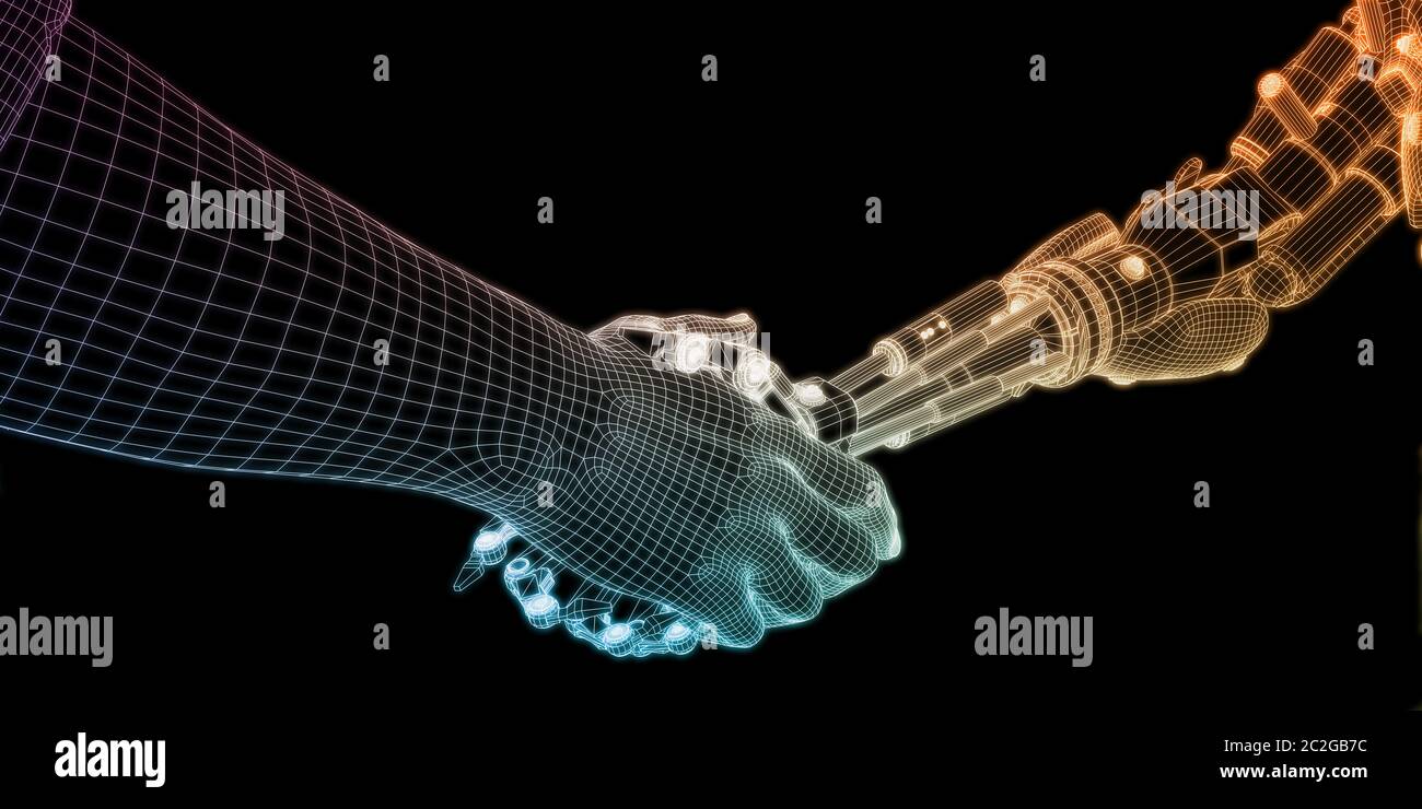 Partnership tecnologica con la stretta di mano tra robot e umani Foto Stock