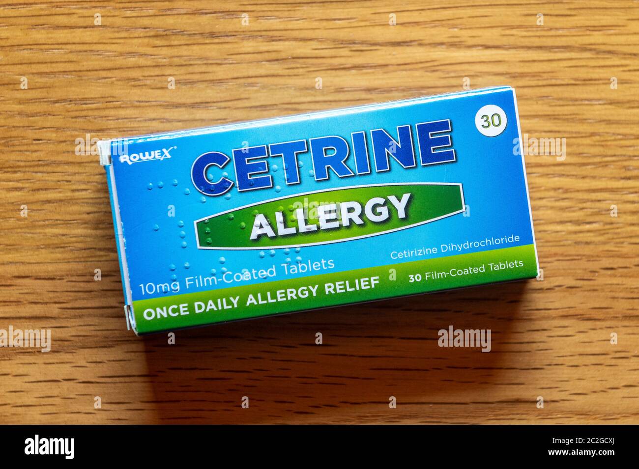 Scatola di 30 compresse di febbre fieno di allergia Cetrine prodotte da Rowex. QUESTA È UN'IMMAGINE, NON IL PRODOTTO. Foto Stock