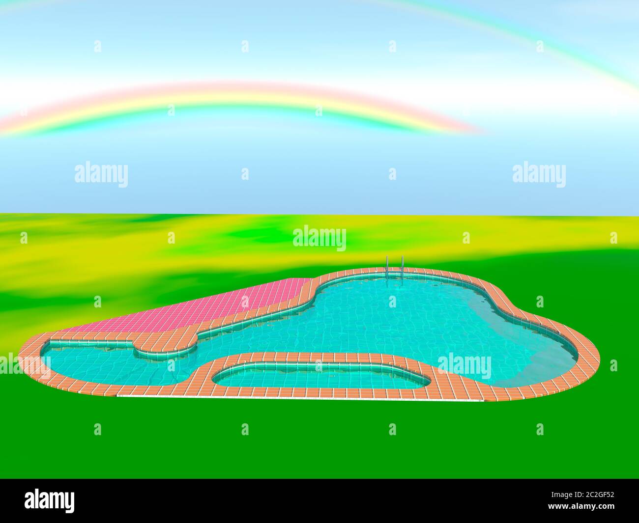 Piscina nel giardino con arcobaleno nel cielo Foto Stock