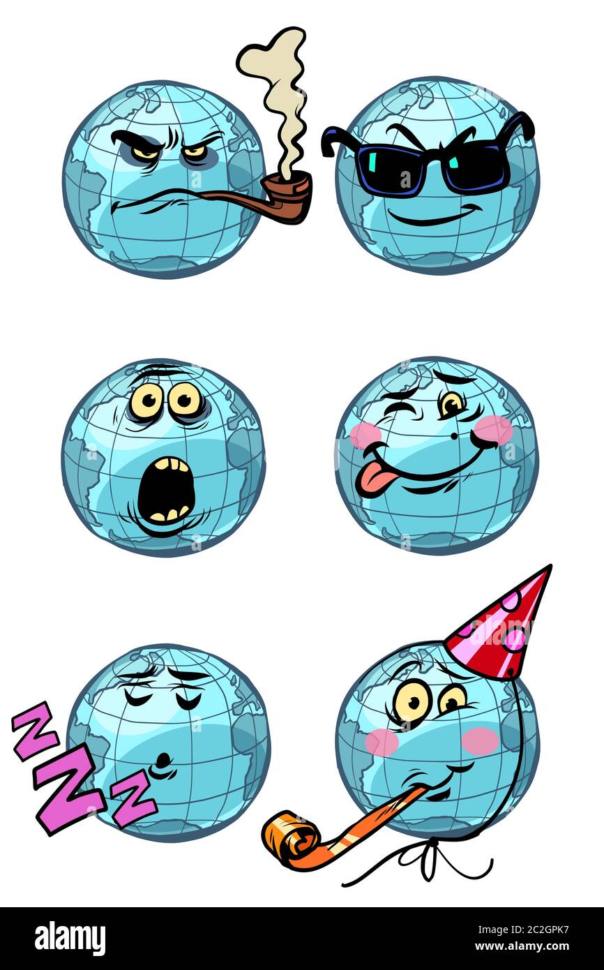 Carattere del pianeta terra. Impostare una raccolta di emozioni gli Emoji. Il tema del sogno umorismo sorpresa di compleanno spy fumatori. Fumetto cartoon arte pop retrò ve Foto Stock