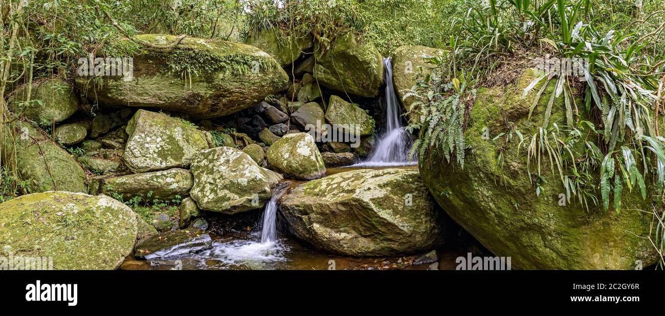 Piccola cascata panoramica tra la vegetazione della foresta pluviale dell'isola di Ilhabela Foto Stock