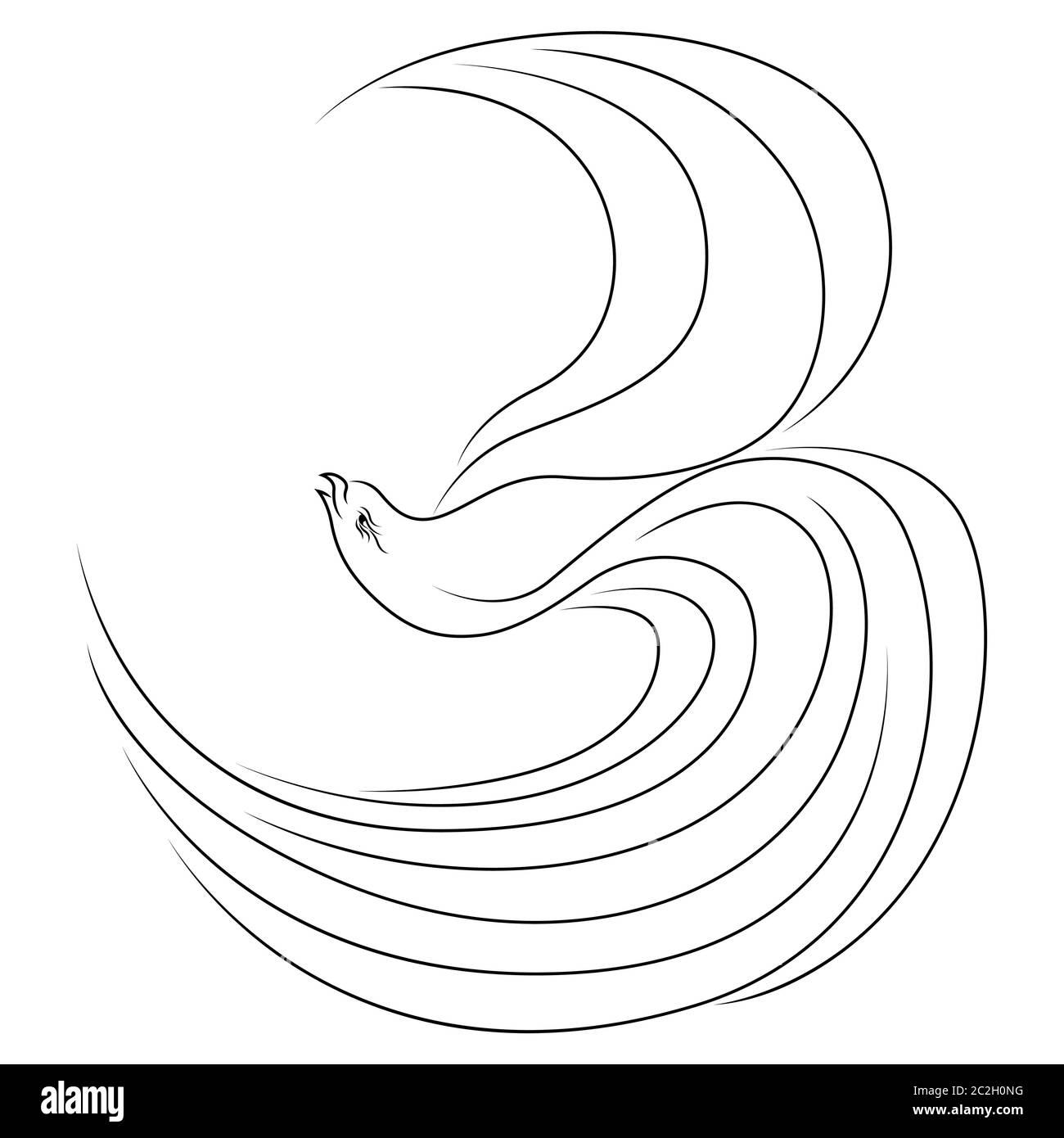 Contorno nero di astratto uccello volante le cui ali e coda sono fatte come lunghe linee ondulate isolate sullo sfondo bianco Illustrazione Vettoriale