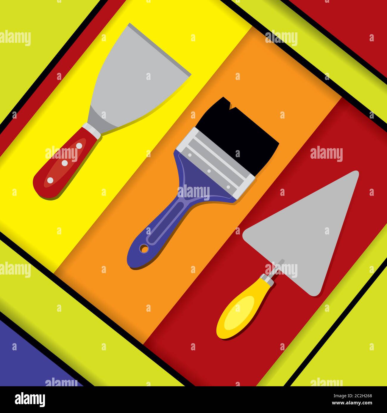Illustrazione vettoriale di un coltello per stucco, pennello e cazzuola di puntamento. Attrezzi manuali per lavori di costruzione, intonacatura e pittura su un astratto colorato Illustrazione Vettoriale