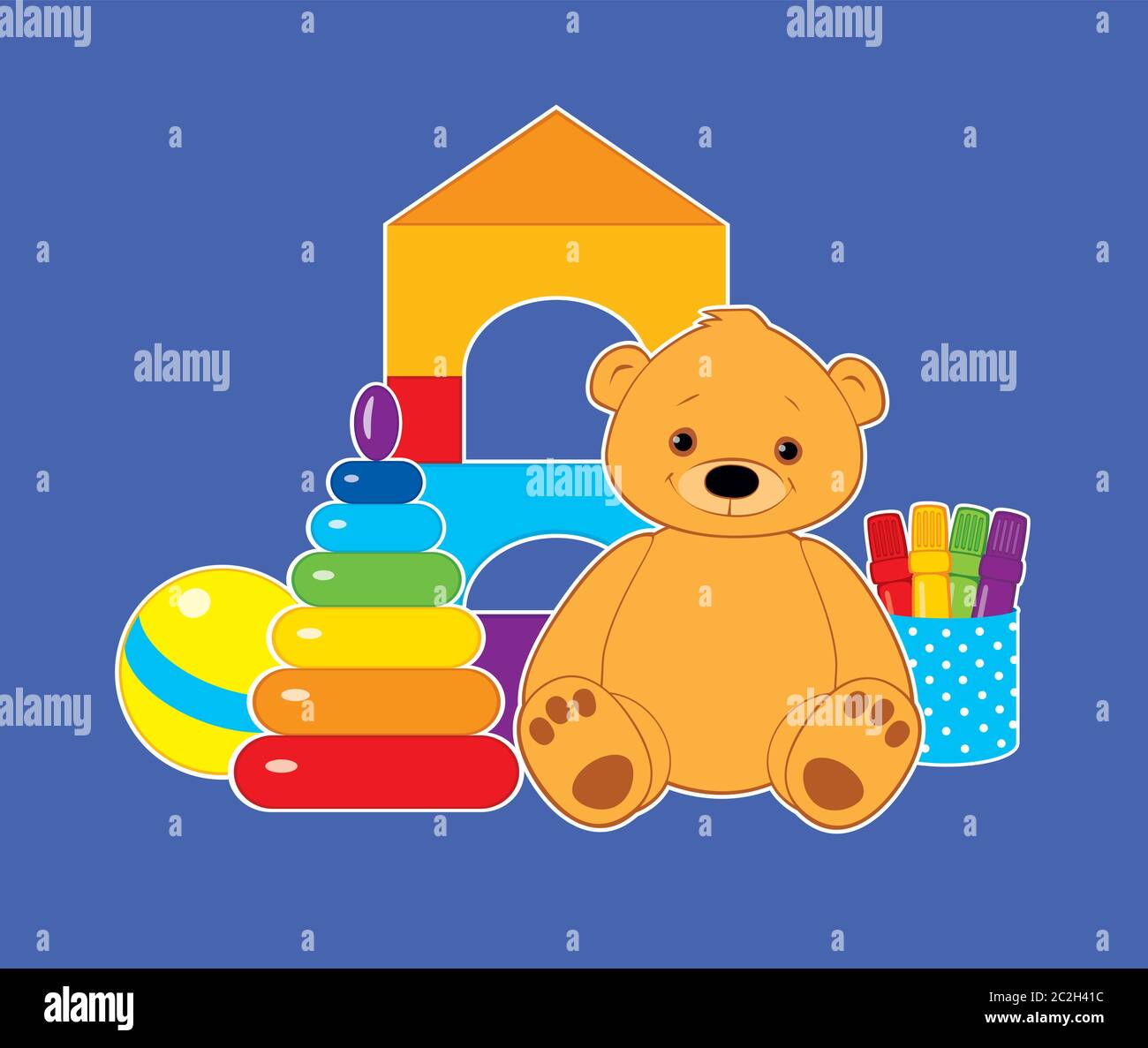 Vettore colorato illustrazione per i bambini, giocattoli su sfondo blu. Orsacchiotto marrone, palla, blocchi, penne in feltro e torre di anelli di impilamento arcobaleno. Illustrazione Vettoriale