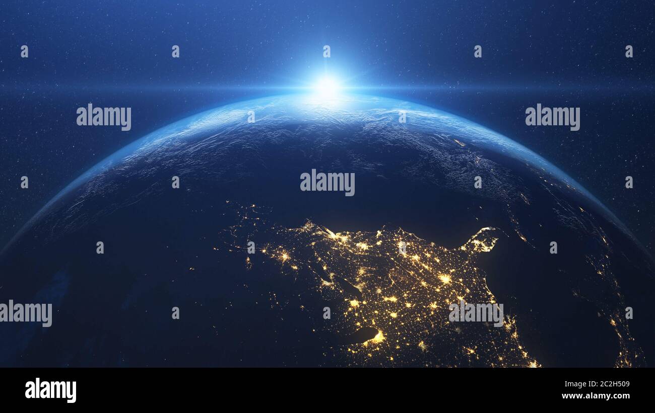 Alba sopra gli Stati Uniti e pianeta Terra vista dallo spazio Foto Stock