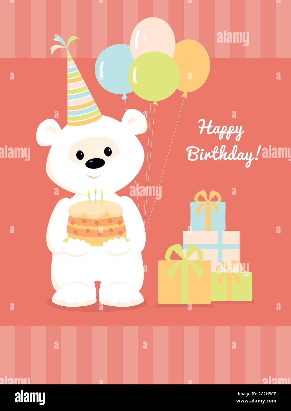 Illustrazione vettoriale di un carino orso teddy bianco cartoon con una torta, palloncini e regali. Design per biglietto di auguri con testo buon compleanno. Colore pastello Illustrazione Vettoriale