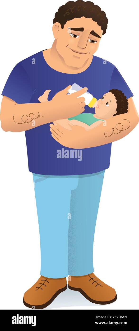 Illustrazione vettoriale di una bottiglia di padre giovane amorevole che alimenta il suo bambino. L'uomo ha un aspetto mediterraneo o ispanico, capelli scuri ricci. Il bambino l Illustrazione Vettoriale