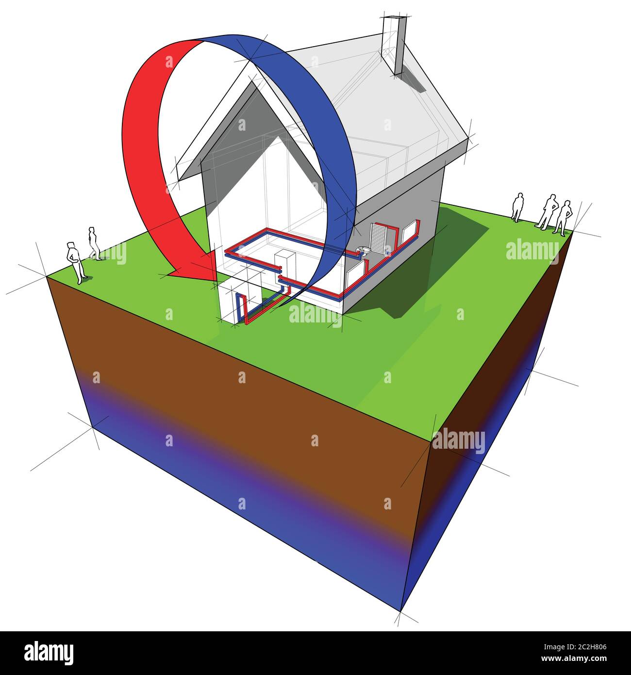 casa indipendente semplice con diagramma della pompa di calore della sorgente d'aria Illustrazione Vettoriale